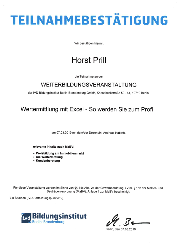 Teilnahmebestätigung IVD Wertermittlung mit Excel Horst Prill