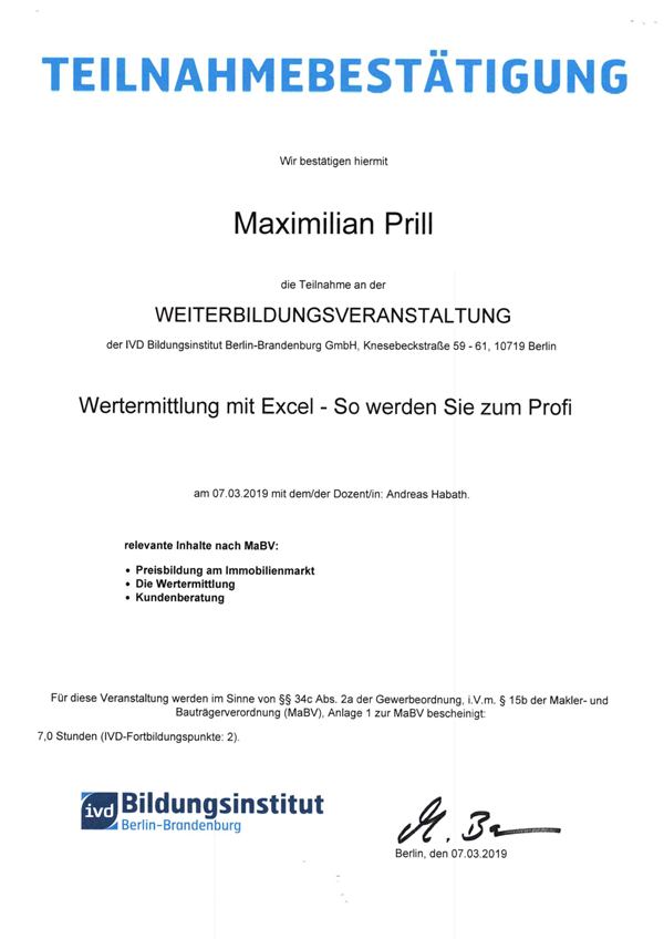 Teilnahmezertifikat IVD - Wertermittlung mit Excel