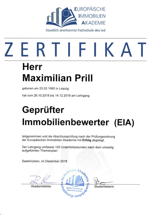 Zertifikat Immobilienbewerter EIA