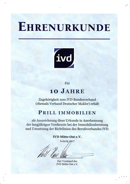 Ehrenurkunde 10 Jahre Zugehörigkeit beim IVD